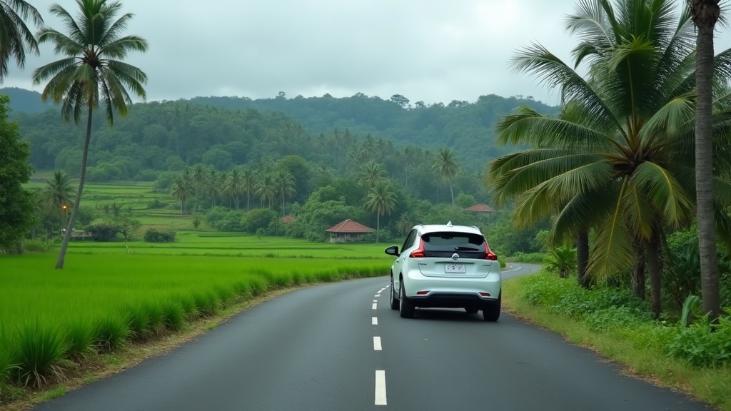 Mobil listrik melaju di jalan desa berkelok di antara sawah terasering Bali